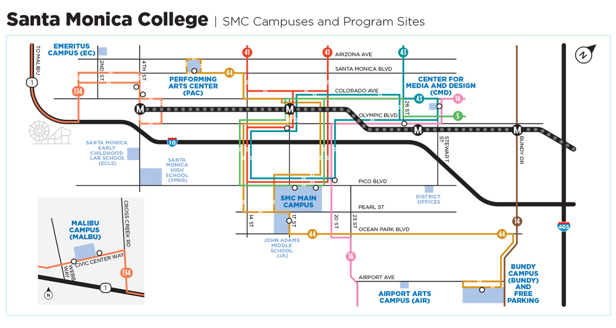 Map of Santa Monica with the SMC campuses