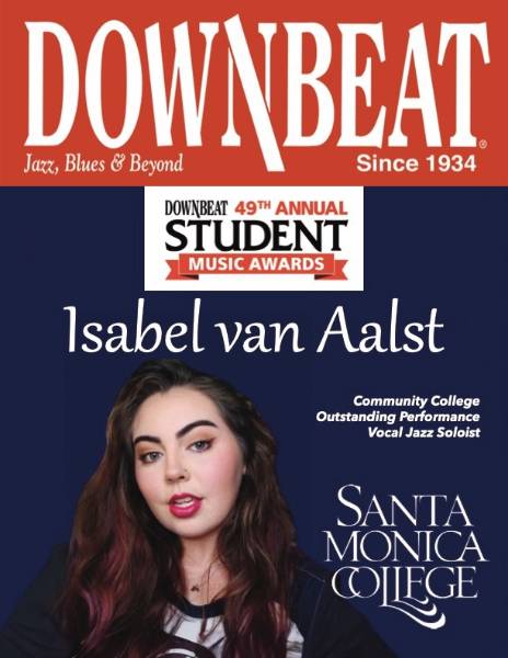 Flyer of Isabel van Aalst for winning the 2026 Downbeat Magazine award for Community College Ourstanding Performance Vocal Jazz Soloist