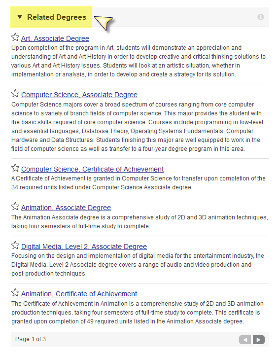 Screen shot of list of related degrees