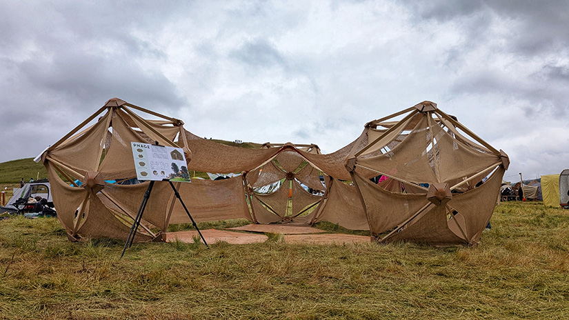 A structure built by “Team Phage”—SMC architecture students—which won the Best Overall Award at the 50th Annual Cal Poly San Luis Obispo Design Village Competition. The event challenged students to design a structure, build it on their own campus, transport it to San Luis Obispo, hike 1.5 miles to the Poly Canyon, and assemble their structure along the hillside—and then live in it over the weekend. (Photo Credit: Javier Cambron)