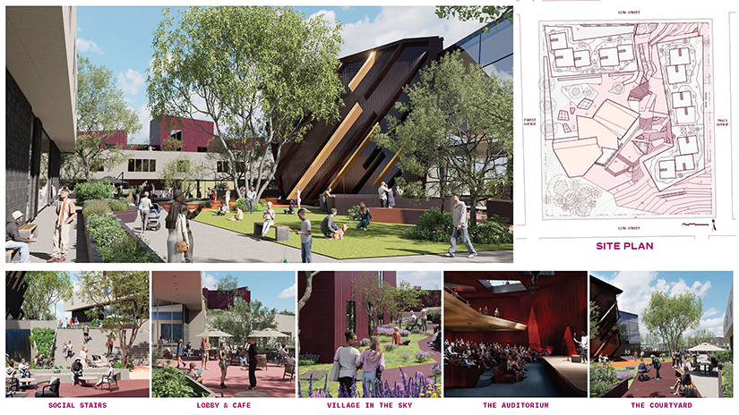 A glimpse of the design proposed by Santa Monica College Architecture and Interior Architectural Design students which won third place at the nationwide BGL Student Design Competition hosted by National Organization of Minority Architects (NOMA). The student design teams were tasked with designing a mixed-use development in Kansas City, Missouri. The SMC students’ design aimed to support the Paseo West community which has been affected by years of racialized disinvestment, by rebuilding the neighborhood in a way that is inclusive, supportive, and grounded in the voices of residents.