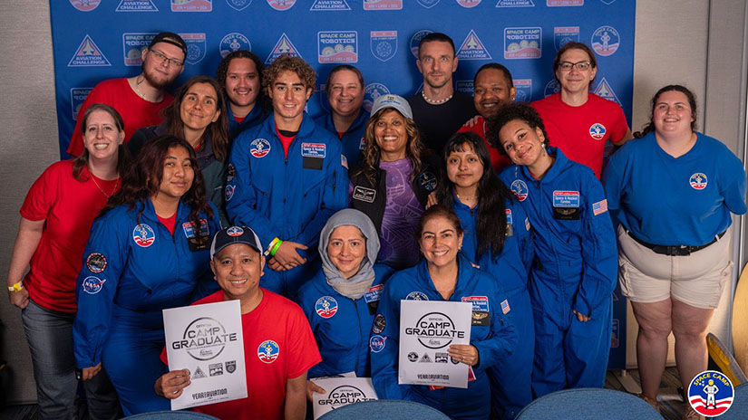 Recipients of the competitive Space Camp Scholarship awarded by the Proctor Foundation for Art and Science, which recognizes individuals demonstrating strong potential in STEAM fields and a commitment to advancing innovation, creativity, and inclusive participation in space-related careers. Five Santa Monica College students—Nafiseh Pirmoradi, Angel Gonzalez, Stephanie Hernandez Hernandez, Julissan Gonzalez, and Aria Hightower—were among this year’s recipients, and participated in the Space Camp Experience which took place July 10-12 at the U.S. Space & Rocket Center in Huntsville, Alabama.