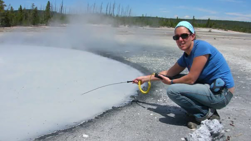 Taking the temperature of a hot spring in Yellowstone National Park, part of the International Geobiology course.