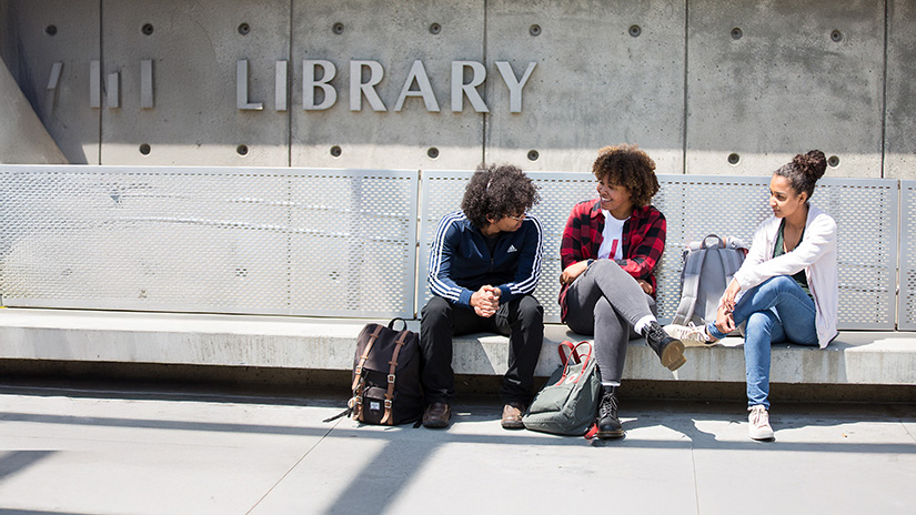 Students sitting outside the library