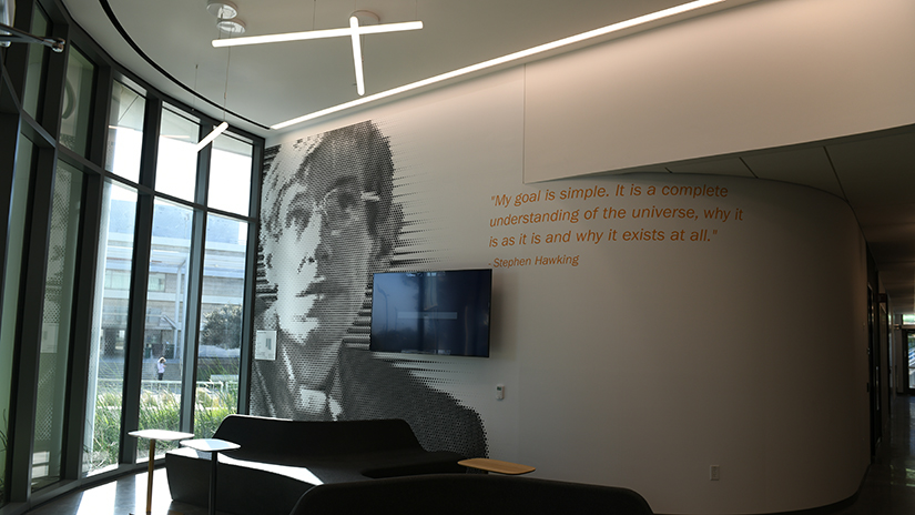 A portrait of Stephen Hawking in the new Math and Science building inspiring future astrophysicists