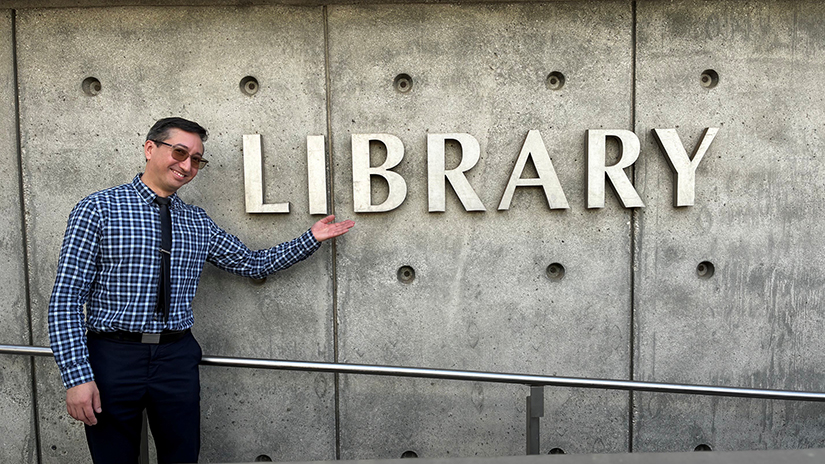 Walter outside the library
