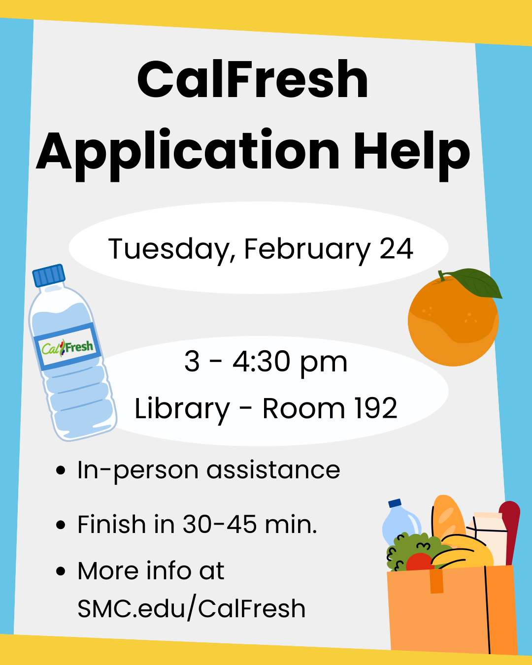 Flyer for CalFresh Application Assistance event at SMC Library
