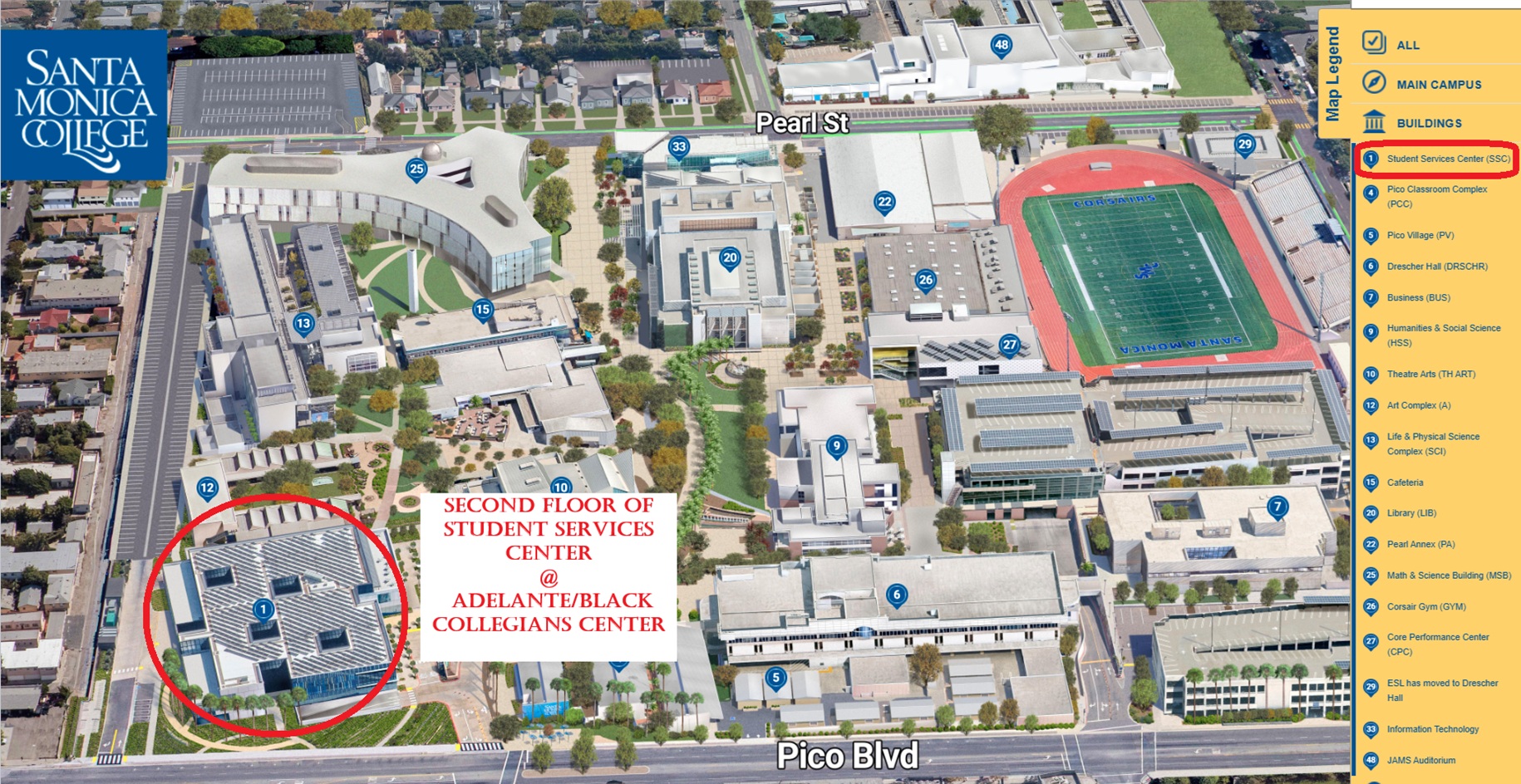 SMC Campus Map with the office location of the MOCAN program circled in red (2nd floor of Student Services Center)