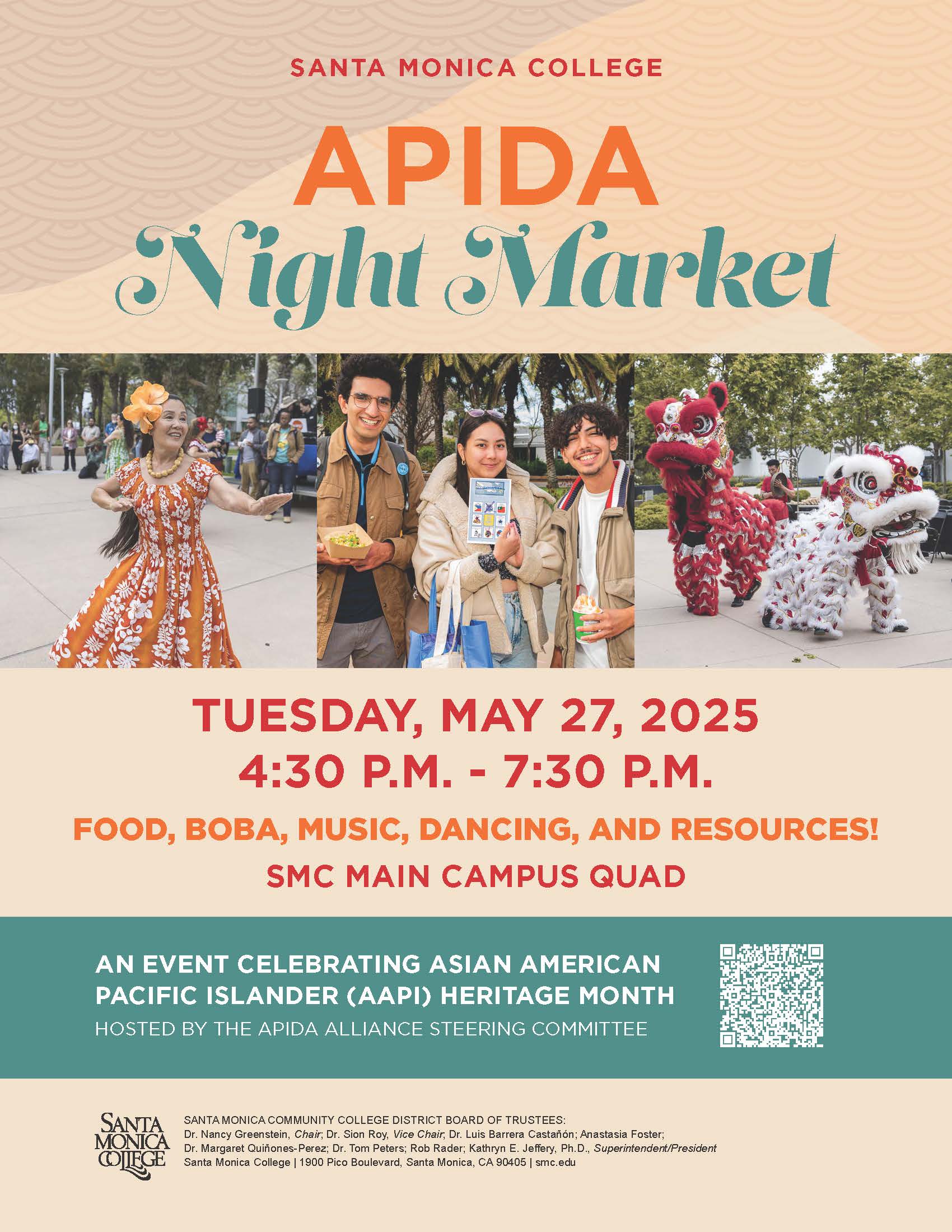 APIDA Night Market flyer with a picture of a hula dancer, another picture of students, and a third picture of two dancing lions.